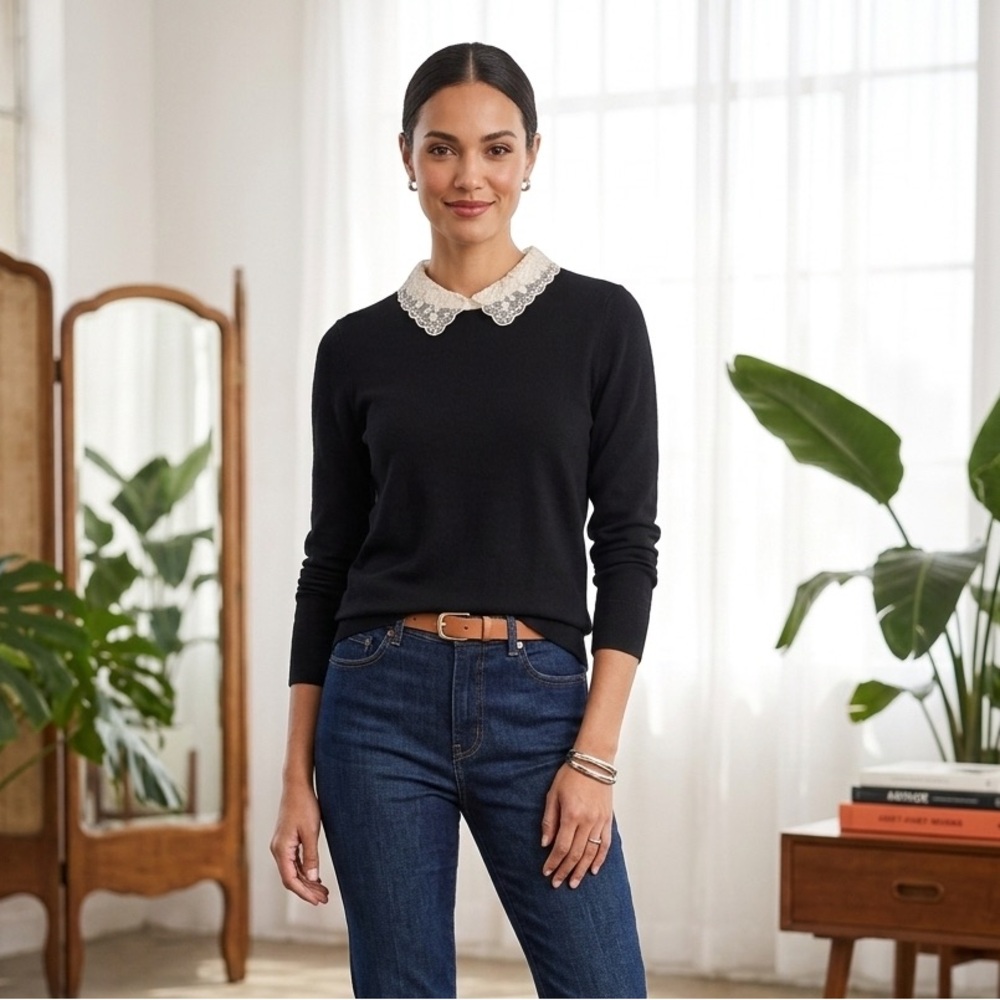 Black Sweater with Lace Collar